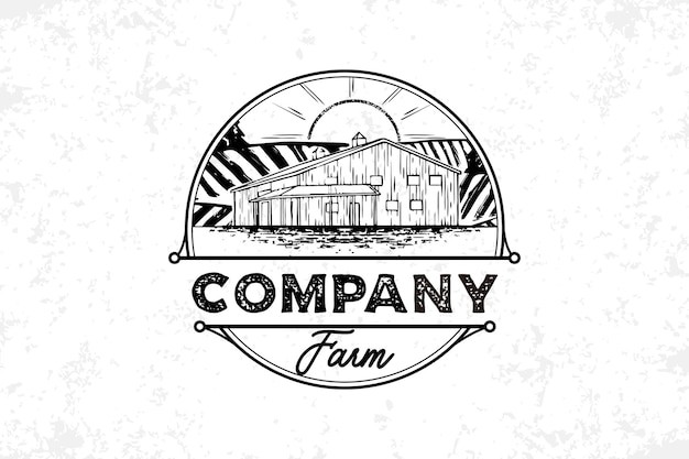 農場のエンブレム ロゴのベクトルデザイン 倉庫のオブジェクトと農業のフィールド
