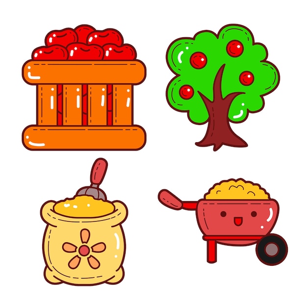 Vector farm equipment icon set cute farm elements gardening tools vector illustrations