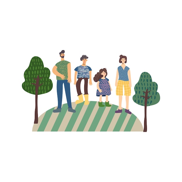 Фермерская семья плоская ручная рисованная векторная иллюстрация. персонаж мультфильма 