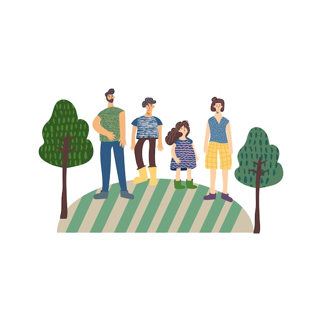 Illustrazione vettoriale disegnata a mano piatta della famiglia dell'azienda agricola. personaggio dei cartoni animati di agricoltori. insieme di persone in campagna. clipart di famiglia carino. isolato su sfondo bianco disegno