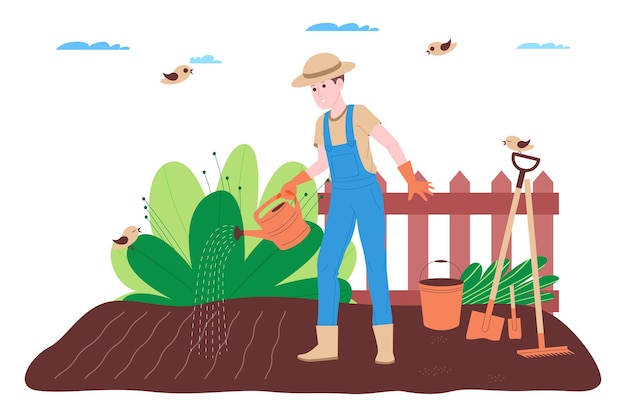 Farm, farming and agriculture. A farmer worker works on a farm, orchard, or vegetable garden: digging the ground, making beds, planting seedlings of vegetables and fruits, and watering the plants.