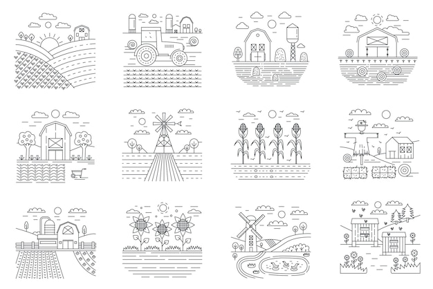 Vector farm and farming agriculture fields concept line icons set .