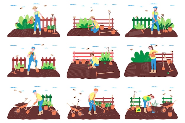 Набор фермы, сельского хозяйства и сельского хозяйства. рабочий-фермер работает на ферме, в саду или огороде: копает землю, заправляет грядки, сажает рассаду овощей и фруктов и поливает растения.