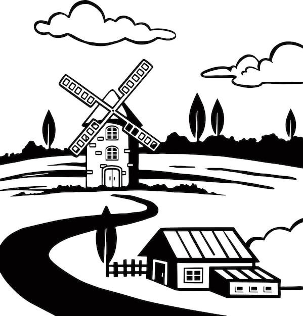 Farm and field black vector Retro rural landscapes Vector illustration