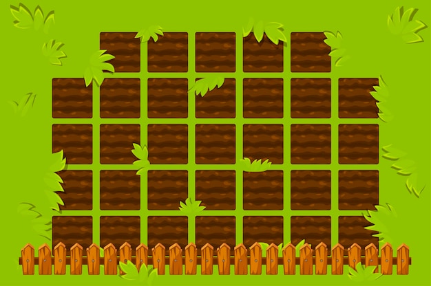 Farm field with wooden fence to play. game gui garden bed background.