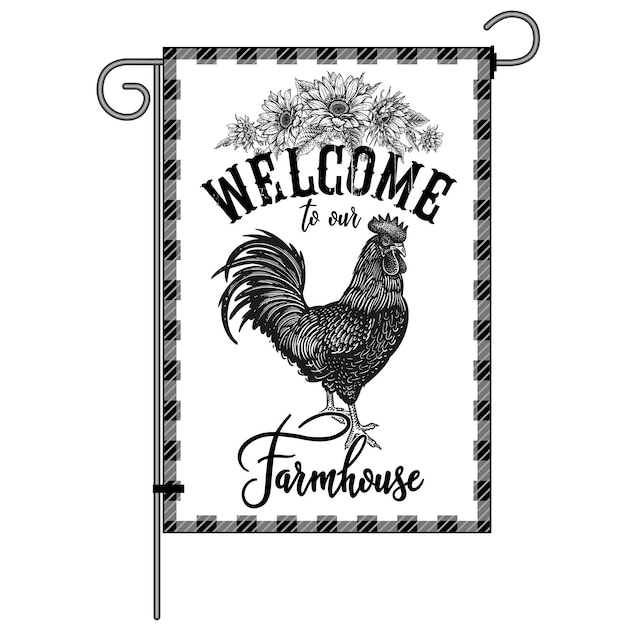 Vettore farm flag benvenuti nel nostro agriturismo pollame gallo e ghirlanda di girasoli fattoria uccelli e fiori