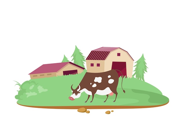 Farm flat design icon with cow on green field vector illustration