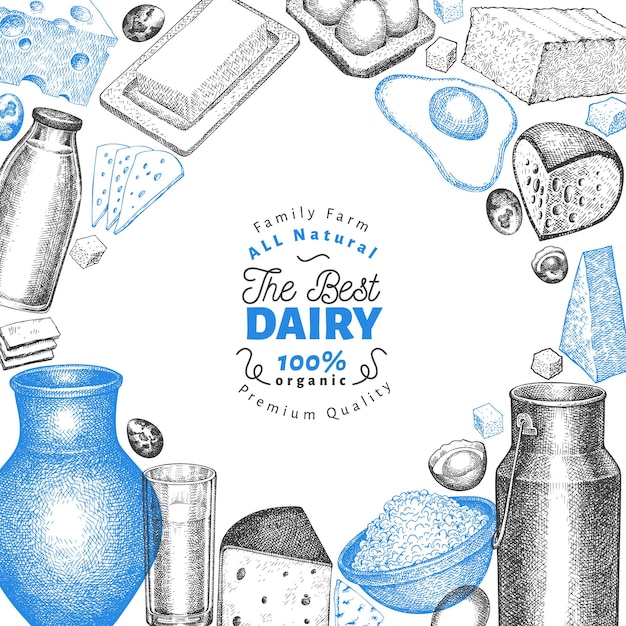 Farm food design template. hand drawn dairy illustration.