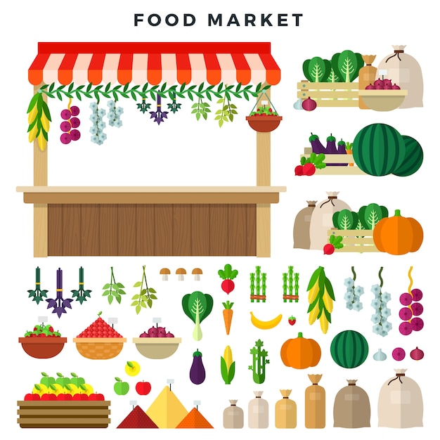 Vector farm food market set of elements