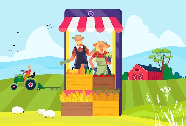 Vector farm food at online smartphone shop illustration