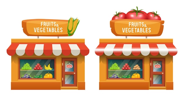 ベクトル 農場の食料品店の野菜や果物の店白い背景に分離されたベクトル アート