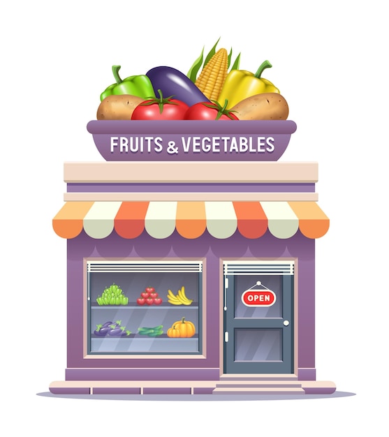 Магазин продуктов питания на ферме Магазин овощей и фруктов Векторный клипарт изолирован на белом фоне