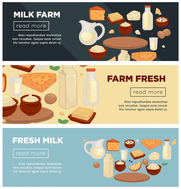 Vector farm of fresh milk promotional indernet banners set