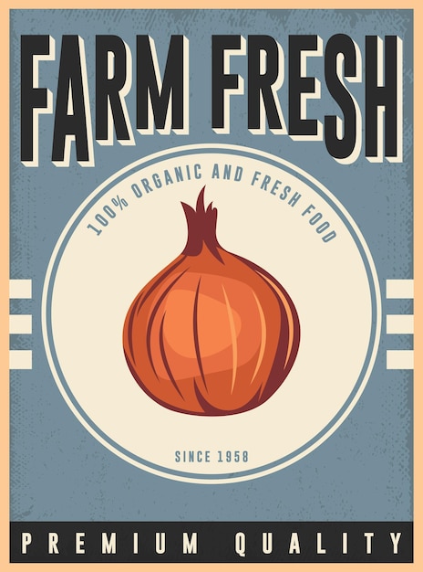 Farm fresh onion vegetable market vintage signs retro poster vector template