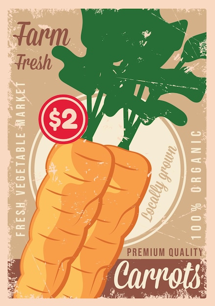 Farm fresh organic carrot vegetable retro poster vector template