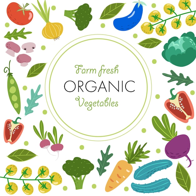 Farm fresh organic vegetables banner or poster design templste Doodled colorful sketch style hand drawn veggies around circle with text Vector illustration