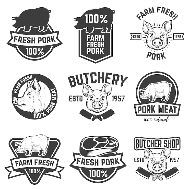 Vector farm fresh pork meat emblems.  elements for logo, label, sign.  illustration.