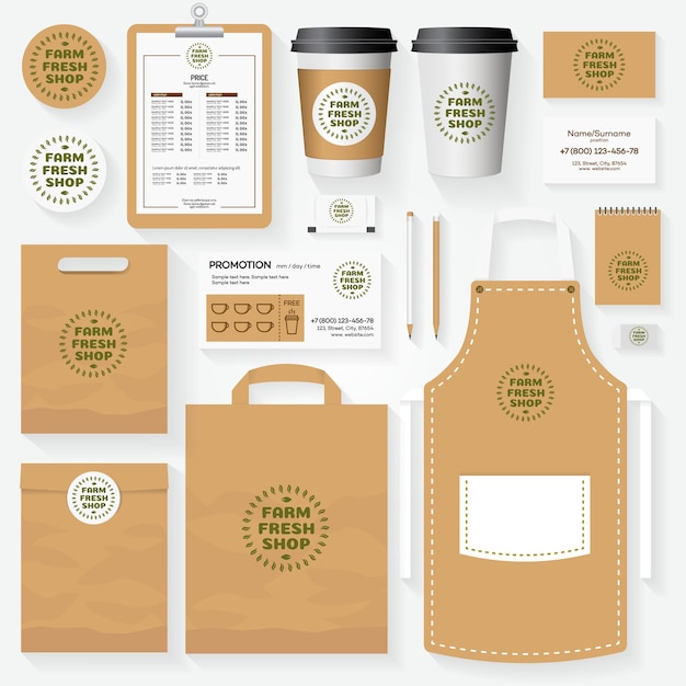 Vector farm fresh shop corporate identity template set with logo for use vegan shop, healthy food store, vegetarian cafe, natural product etc. set of card, flyer, menu, package, uniform. vector illustration