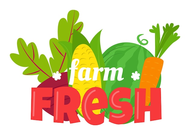 Vector farm fresh text cartoon vegetables beet corn carrot organic food typography design veggies