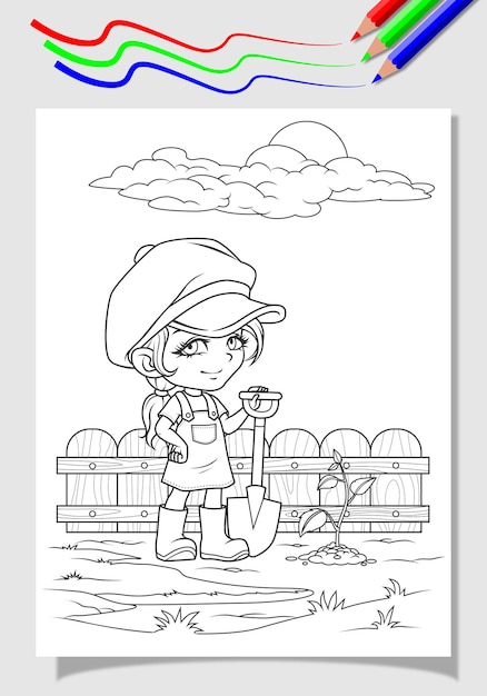 A Farm Girl coloring line art illustration