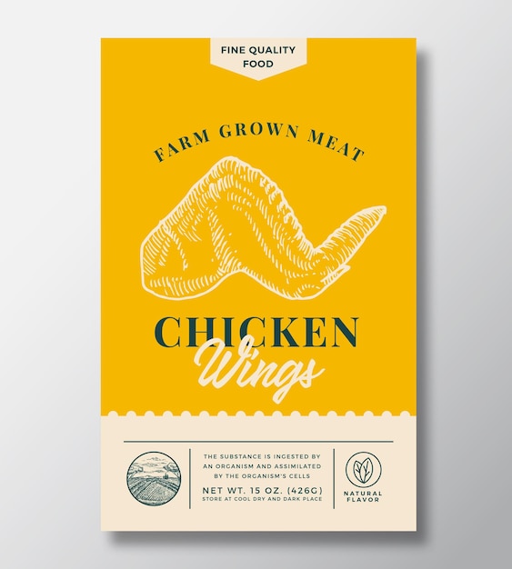 Farm Grown Meat Abstract Vector verpakkingsontwerp of label. Moderne typografie Banner, Hand getrokken kippenvleugel schets silhouet. Kleur papier achtergrond lay-out. Geïsoleerd.