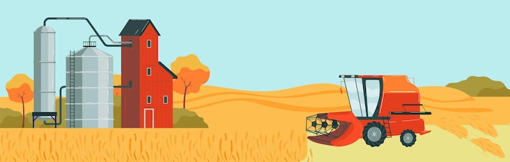 Vector farm harvester harvest agriculture field landscape summer nature background design in cartoon style vector illustration