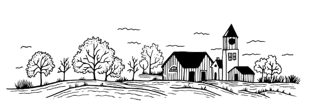 farm horizontal landscape with fields and farm house vintage drawing in sketch stye