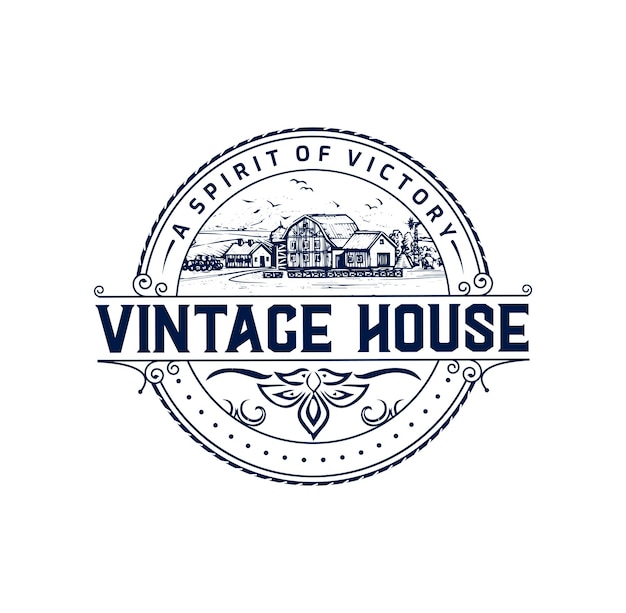 Farm house logo with mountains vintage emblem logo vector