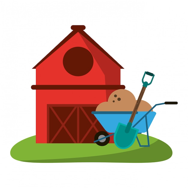 Farm house and wheelbarrow with ground and shovel