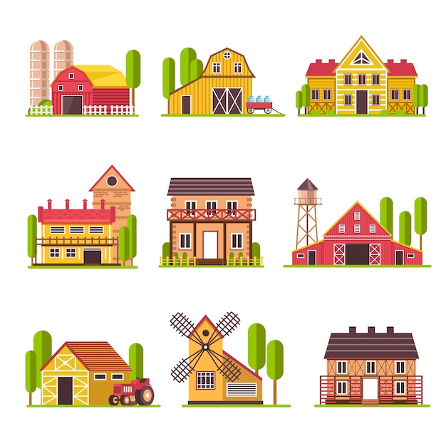 Farm house with grain and fodder barn or cattle corral vector cartoon flat icons set