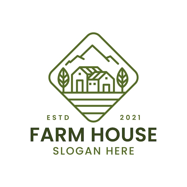 Vector farm house with panorama agriculture monoline logo