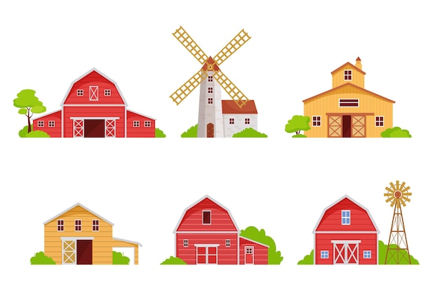 Farm houses and barns set. red wooden buildings for housing grain storage rustic architecture farming mill and windmills for grinding crops generating electricity. natural cartoon vector.