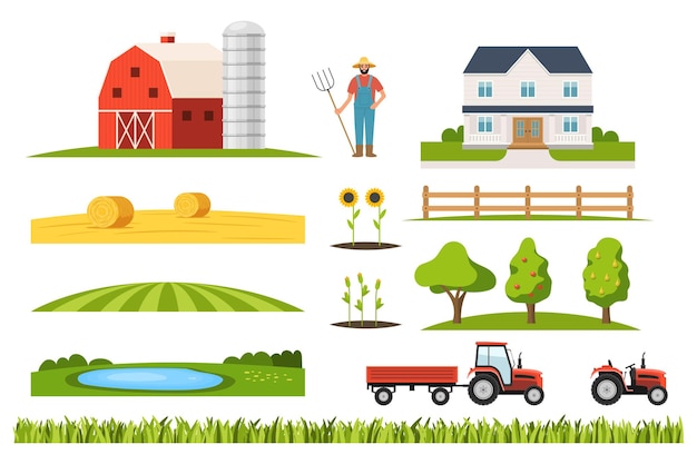 Vector farm infrastructure constructor set with farmer and tractor. set of gardener and farmhouse, farmland transport machinery, orchard garden, lake, rural plantation village kit vector illustration