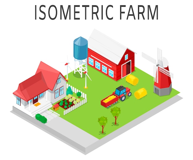 Farm isometrisch. Landelijke landbouwtractor, huis, schuurwindmolen en pakhuis.