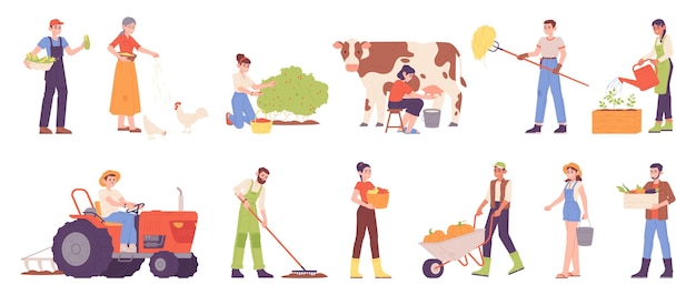 Персонажи работы на ферме Фермер приручает сельских животных человек в форме сельскохозяйственного работника с ведром или корзиной агроном работа в саду сельскохозяйственная работа яркая векторная иллюстрация