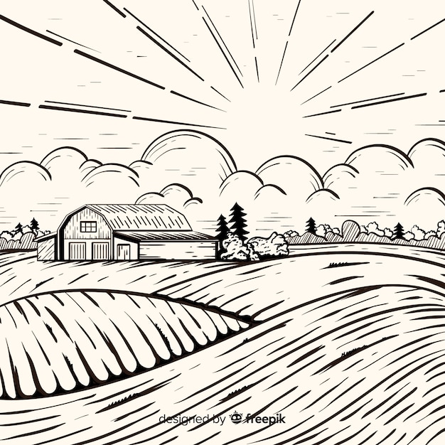 Farm landscape in hand drawn style