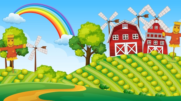 Vettore scena di paesaggio agricolo con fienile e mulino a vento