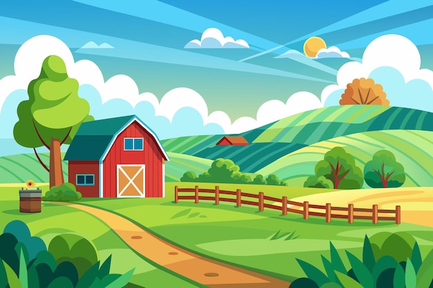 農場の風景 ベクトルイラスト 美しい夏の畑の風景 棚の納屋の夜明け 緑の草と丘の青い空 平らな漫画のスタイルで