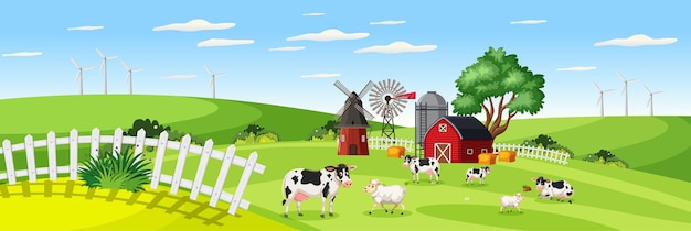 Farm landscape with animal farm in field and red barn in summer season