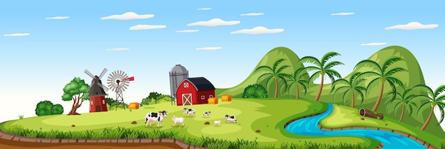 Farm landscape with animal farm and red barn in summer season