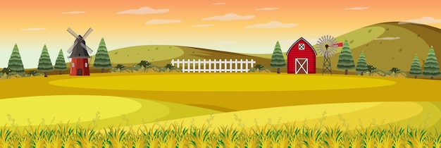 Paesaggio dell'azienda agricola con campo e fienile rosso nella stagione autunnale