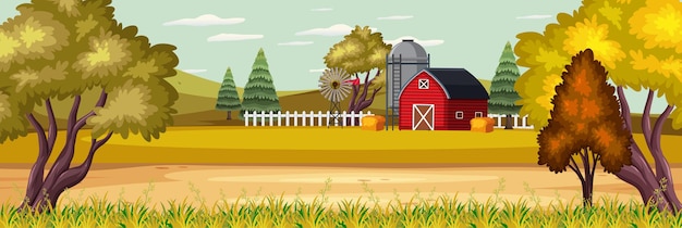 Vector farm landscape with field and red barn in autumn season