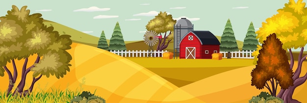 秋の季節の畑と赤い納屋のある農場の風景
