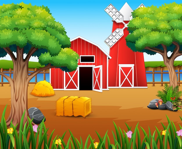 Farm landscape with shed and windmill on the river bank