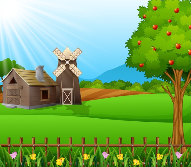 Vector farm landscape with shed and windmill