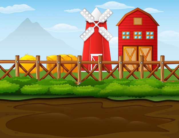 Vector farm landscape with shed and windmill