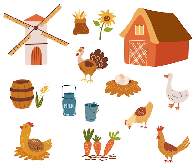 농장 생활 클립 아트 세트입니다. 농장 동물, 농부 및 항목의 컬렉션입니다. 닭, 거위, 칠면조, 밀, 헛간, 양동이 및 건초. 농업과 농업. 벡터 만화 그림입니다.