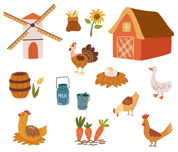 Farm life clipart set. Collection of farm animals, farmers and items. Chickens, geese, turkeys, mill, barn, buckets and hay. Farming and agriculture. Vector cartoon illustration isolated.