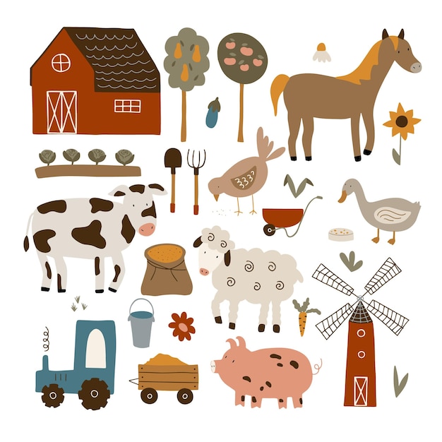 Set di clipart della vita della fattoria collezione di animali da fattoria e oggetti relativi all'agricoltura e all'agricoltura