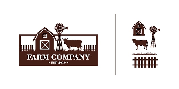 Farm logo Template of emblem with farmhouse cows and wheat ear Black badge for ranch farming natural products and organic food company Vector illustration isolated on white background